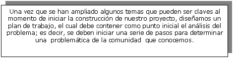 Cuadro de texto: Una vez que se han ampliado algunos temas que pueden ser claves al momento de iniciar la construcci�n de nuestro proyecto, dise�amos un plan de trabajo, el cual debe contener como punto inicial el an�lisis del problema; es decir, se deben iniciar una serie de pasos para determinar una problem�tica de la comunidad que conocemos.